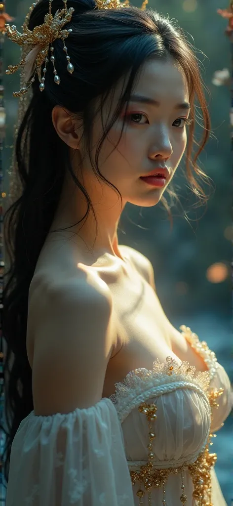  naked goddess body, elegant, seductive,  Chinese legend Goddess of libido ,  Highly detailed goddess body ,  detailed face , Beautiful eyes , Lips, celestial, universe, Realistic images, 8k, hyperrealistic, Characters  lighting, Chiaroscuro , Characters  ...