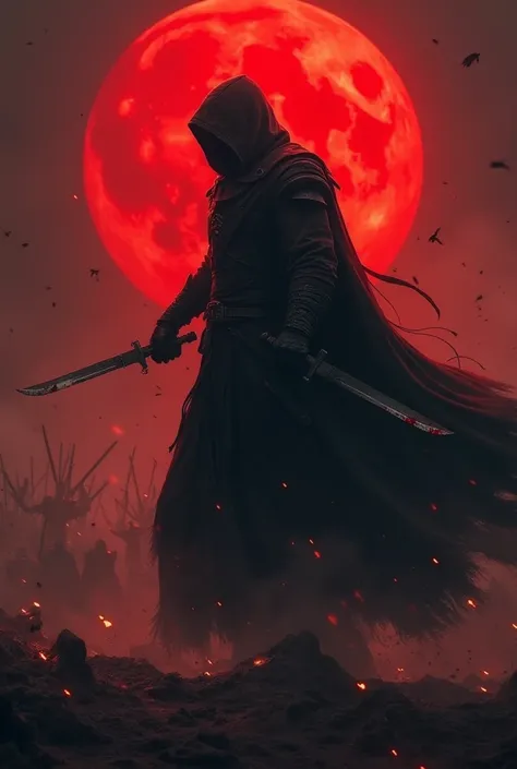 Create me an assassin who wears a cloak and a hood with daggers soaked in blood who fights against an army under a red moon 