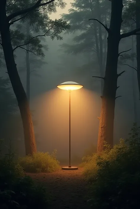 A floor lamp in the middle of the woods, moody, a little haze, golden hour 