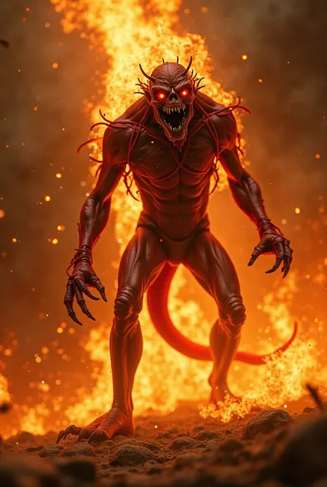  a figure he described as a reddish-skinned creature,  the size of a  , with red tail ,  long fingers, sharp teeth, pointy shoes,  and bright eyes. Burned in a lot of flames with his legs wounded by bullets 