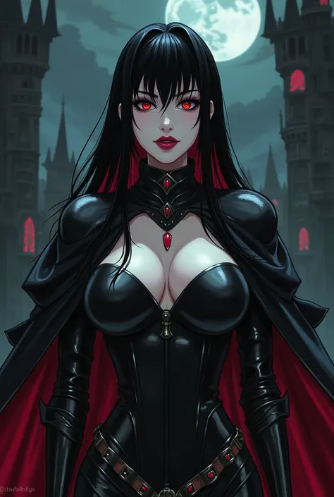 vamp,big fangs,  pale skin , dark, she had,  anime-style theme 1998 ,Old Berserk ,  in a dark castle landscape , in the middle, with red lips, beautiful, fit, big breast, black hair, long, y lasio ,  dressed in tight and sexy armor,  beautiful red eyes , 