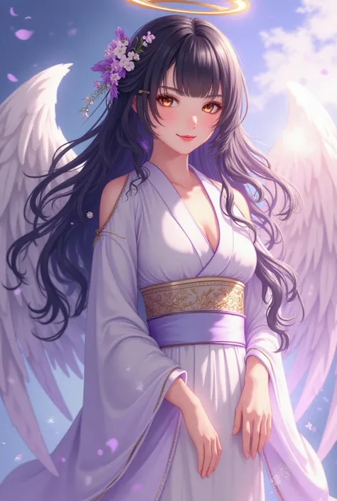 Maehwe style, woman about 22 years old, pretty girl, attractive body, beautiful waist, thin But not that much, angel girl, white angel wings torn in purple, dressed in a white kimono with gold details, small cold but tender and cute golden eyes, long wavy ...