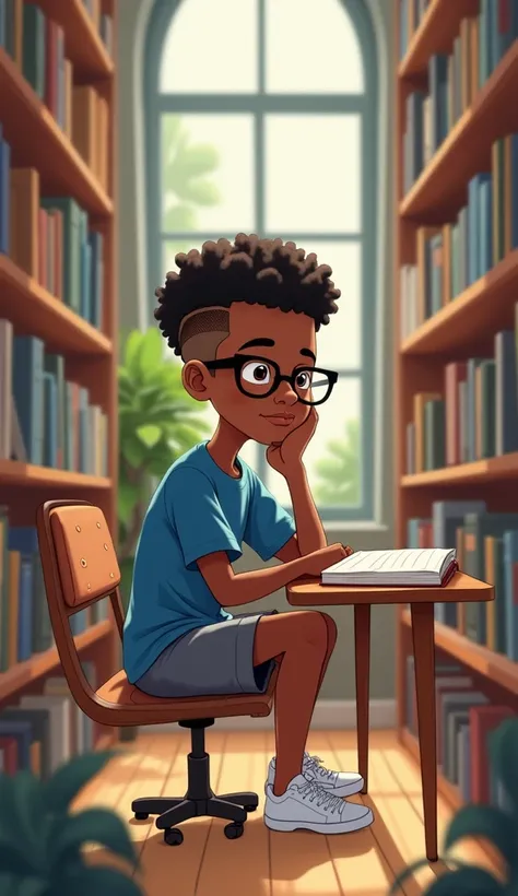 An illustration of Velvel, a  boy, black skin, curly hair shaved on the sides, small eyes, wearing square-framed glasses, wearing a blue t-shirt and gray shorts, white sneakers, sitting in the library