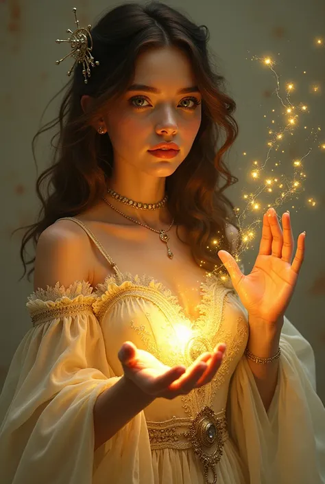 I want a prompt for a realistic image of a teenage girl, curvy body and small breasts. His brown brown hair, emerald eyes and white skin. Her dress of an Alchemist. Making a golden glow.