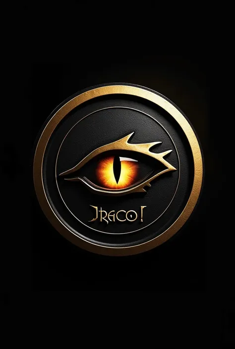 A sleek, black-and-gold circular emblem with a dragon eye in the center. The word 'Draco' is written in white, uppercase letters beneath the eye. Style: clean and mysterious but make it like a cartoon I mean animated
