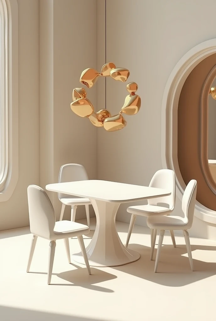 there is a white table with four chairs and a mirror, beautiful aesthetic design, sleek utopian design, concept eclectic, bio-inspired design, gold and luxury materials, extremely luminous bright design, cream - colored room, interior design, brown and whi...