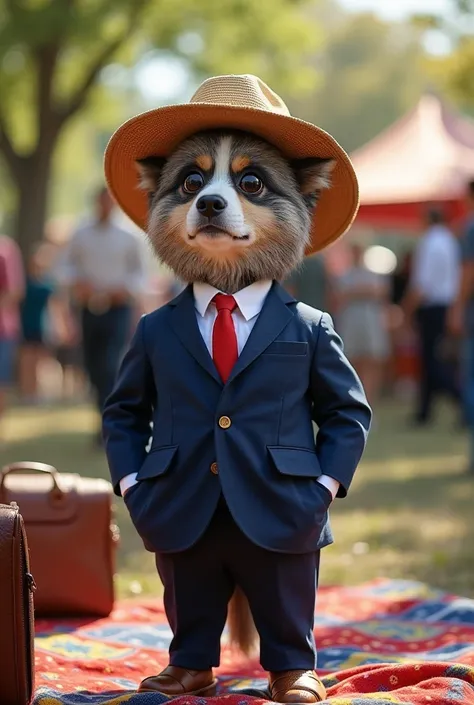 a wide-brimmed hat, sitting on a colorful picnic blanket at an outdoor music festival.wearing a tailored navy-blue suit, white dress shirt, and a red tie. It stands confidently on a polished office floor, with a leather briefcase by its side.

