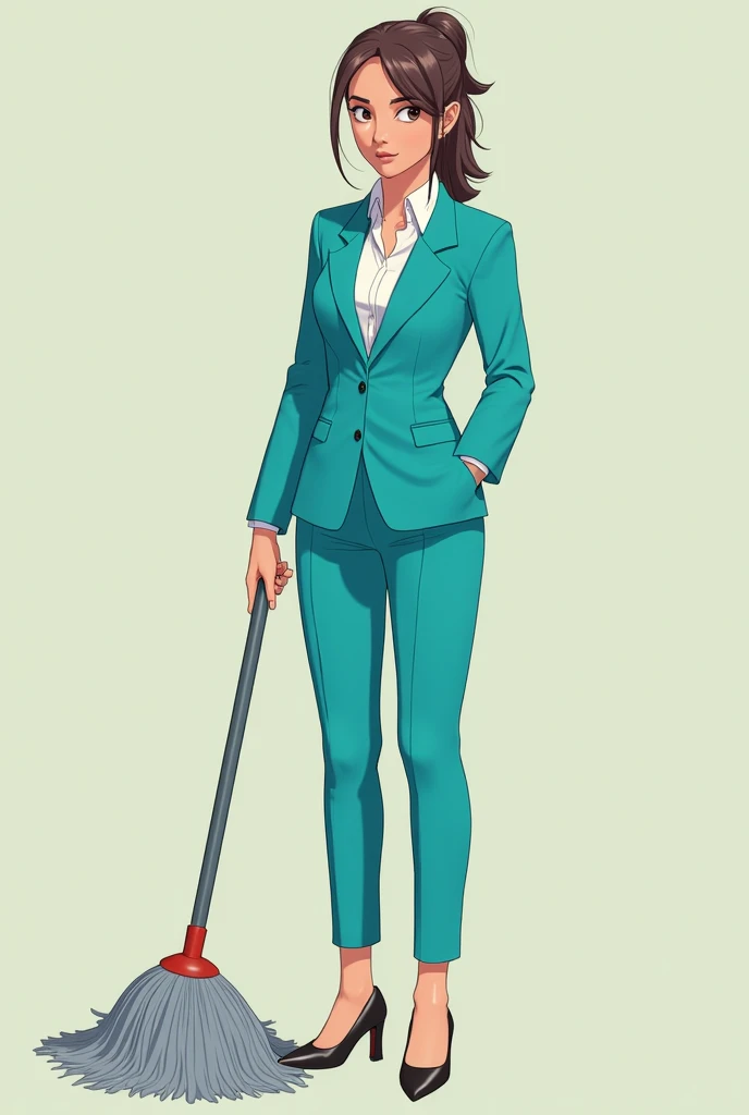 girl in a turquoise suit holds a mop,  in full height