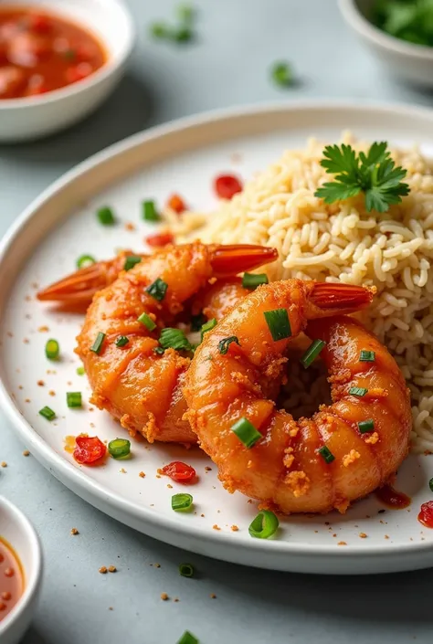 Chinese Crispy Pepper Chilly Shrimp served with fried rice,  @35QR  A4 display Flayer 