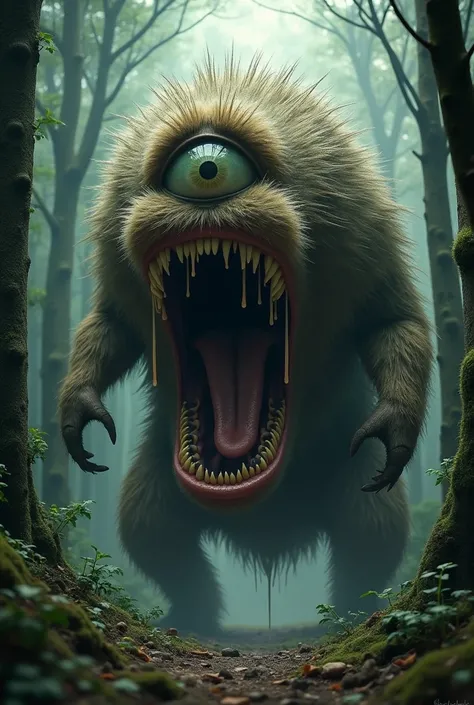 Furry monster with a single huge eye on its head.  A gigantic mouth that goes from the neck to the navel, Open and full of teeth. His mouth is wide open. Saliva drips from the teeth. You are walking through a dense forest.