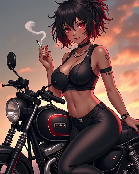  Make the image of an anime girl ,short e cropede, panties tight dental floss , red eyes, cigarette on the hand sitting on a motorcycle ,Strong physique bulky body , sexy pose on the bike ,short, curly hair in the back with red tips, in a serious face