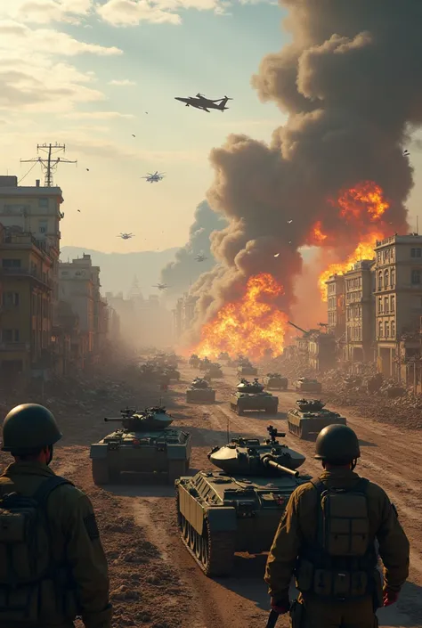 War, lots of military planes, tanks, ry, and lots of explosions In the city