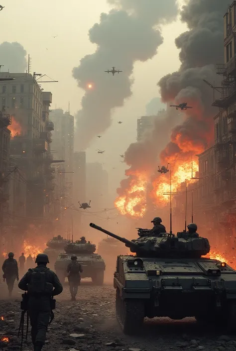 War, lots of military planes, tanks, ry, and lots of explosions In the city