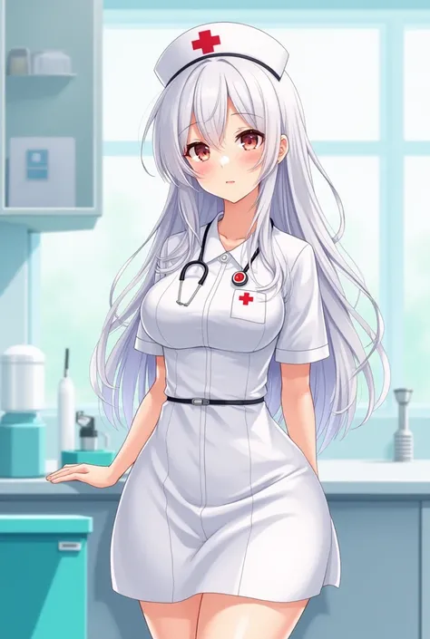 Beautiful white anime girl in nurse costume and a nurse hat and big breasts