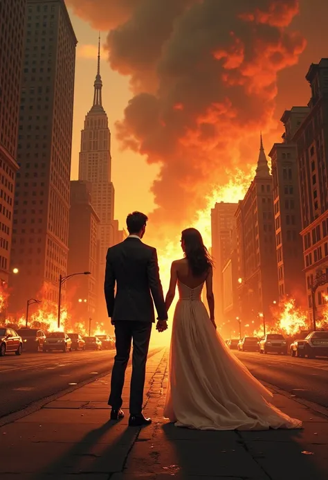  a city on fire, with an elegant couple together 