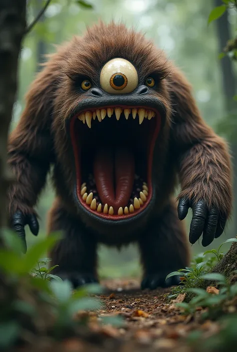 Furry monster with a single, gigantic eye on its head. Dark brown fur.  A gigantic mouth that goes from the neck to the navel, Open and full of teeth. His mouth is wide open. mouth watering. You are walking through a dense forest.