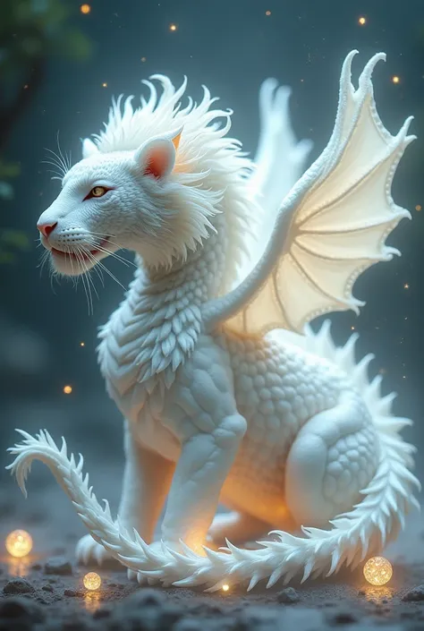 A fusion of animals: a white tiger without black stripes,  with a beautiful white mane ,  white and scaly body ,  dragon wing and tail also white,  a heavenly glow around it , with luminous spheres , very bright, lights, stars. Eastern theme