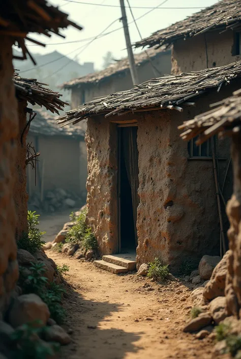 A ghetto cottage with mud houses and bamboo roof