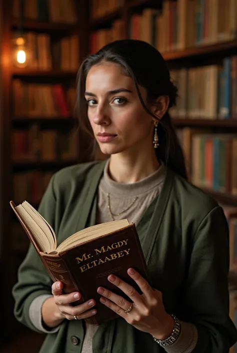 "Georgina is holding a book with the title 'Mr. Magdy Eltabey' clearly visible on the cover. She has a thoughtful expression as she reads, standing in a cozy library with warm lighting. The book appears old yet well-preserved, with an elegant design on its...