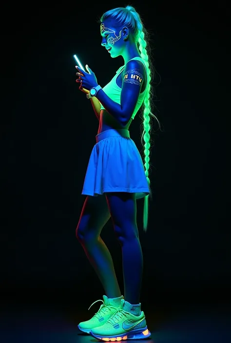 Ukrainian Russian woman, futuristic full body image standing in cyberpunk style of beautiful white blonde Russian woman with phosphorescent neon green braided hair and sexy clothes blue sports skirt, illuminated glowing watch, interacting with smart phone,...