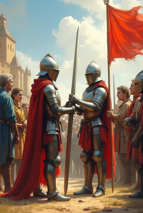 Draw an art painting photo  still Knights Preparing for Battle**: Young knights in shining armor, polishing their swords and adjusting their helmets, surrounded by their eager families bidding them farewell.
quality photo,quality drawing,art,painting,littl...