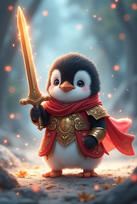 A cute mini baby penguin, wrapped in sparkling light and wearing red gold-patterned armor, holding a sword.  fantasy.  anime character.