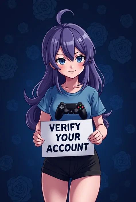 A deep, almost midnight blue backdrop filled with subtle, darker blue roses. They're not overly detailed, more like a textured pattern that adds depth without being distracting. Dark purple hair light blue eyes,crop top with a design of a gaming controller...