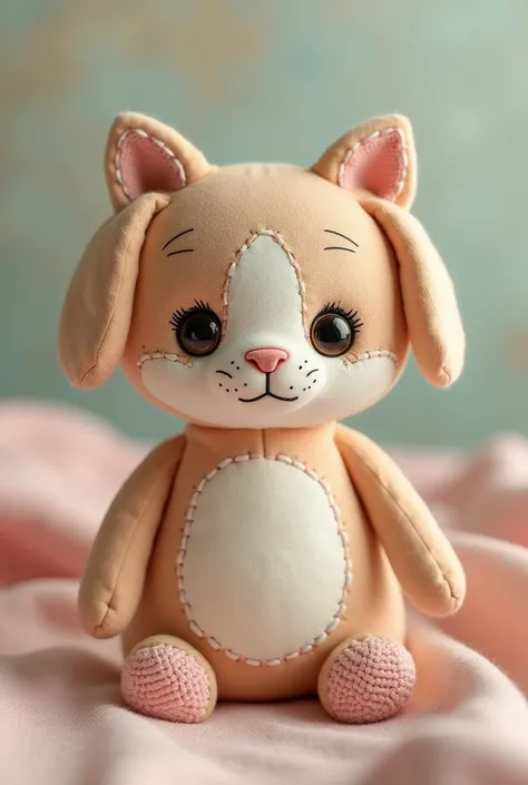  I want a voodoo doll that combines half a cat and half a dog ,  with a tender and charming style .  It must have the visible seams typical of a voodoo doll ,  as well as button eyes  (it can be just one or both )  and details such as pins and a touch of c...