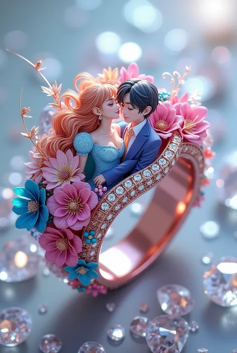 Multiple color  ring customized with    and flowers and feathers  anime couple  and diamond background white diamond💎  more diamond 💍