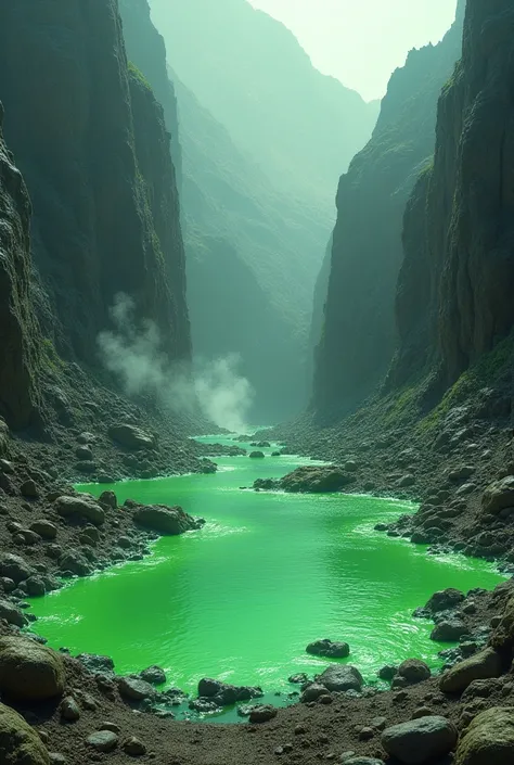 a small pool or lake of green slime on a barren mountain