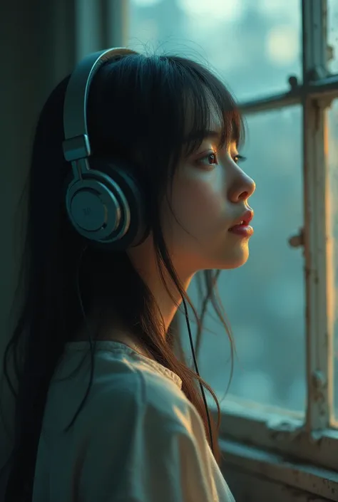 a girl lessening music with headphones cinematic stylized picture 