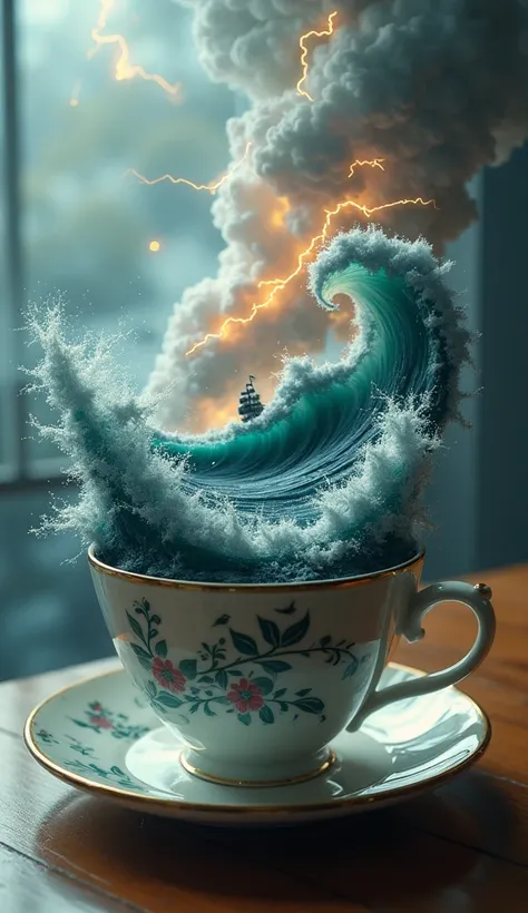 A surreal, ultra-detailed scene of a gigantic tea cup with a raging storm inside. Powerful ocean waves crash against the porcelain walls, lightning illuminates the swirling clouds, and a tiny ship fights against the massive waves. The cup sits on a delicat...