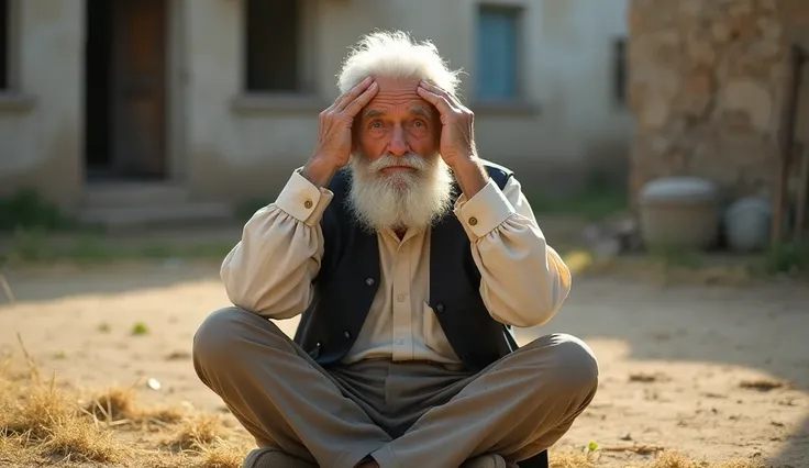  elderly man with white beard and gray hair , sitting outdoors in a street setting with wrecked house in the background.  He wears a light shirt and a dark vest , with pants in a neutral tone .  Your expression is serene,  and he is sitting cross-legged wi...