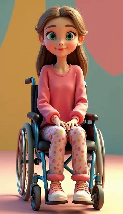 Create a beautiful young woman with a beautiful smile in a wheelchair with green eyes and long hair tied up in light brown, wearing printed pants and pink blouse and sneakers on a colorful background in the Disney Pixar style in 3D 