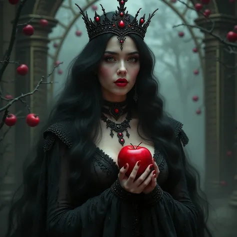 Girl,Black long hair，Black Queen，accessories，Apple in hand，Poison apples，Witch Queen，Red lipstick