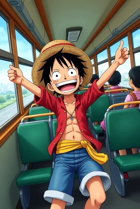 Luffy happy on a school bus on the way to school anime style