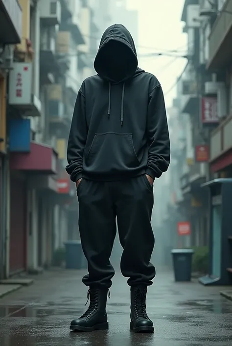 175 cm man with campus covering his face and medium body wearing a boot and a sweatshirt suit 