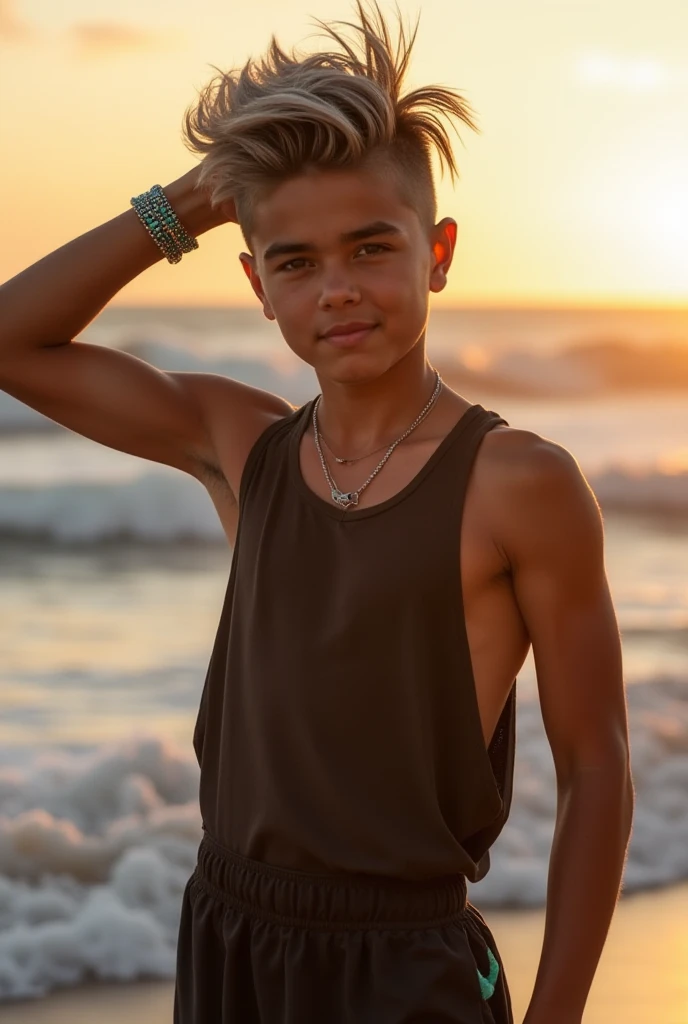 A 18-year-old boy with ash-gray hair styled in a side-swept undercut, having a ripped abs and bulging biceps. He is wearing a sports tank top and shorts and posing standing with a hand running through hair, looking effortlessly cool. His jewelry includes a...