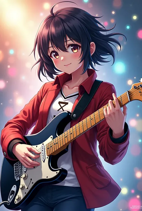  an anime character, playing guitar