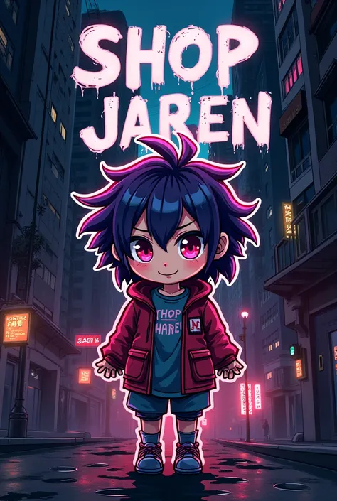 Create me a sticker that says SHOP JAREN that is a Tokyo goult type and an anime doll