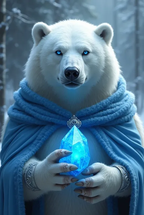 The white bear had fur like shiny snow, and blue eyes reflecting some hidden truth.  A magical blue cloak floated over his broad shoulders, and silver bracelets glittered in his claws.  The ice blue crystal around his neck was emitting a dim light