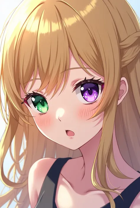 Anime Girl with Blond hair and right eye Green and left eye purple with Purple line under left eye 