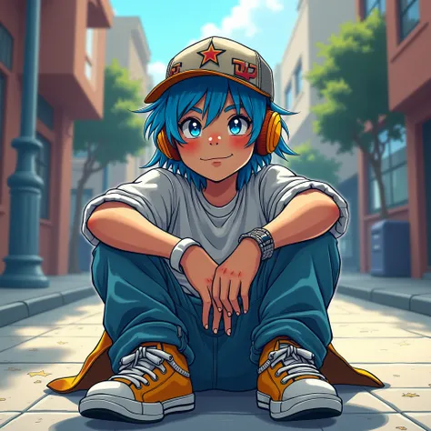  Boy rapper , on.  Blue Hair, Underground , doodle mix art , glaas soul mix art , sdvn8xl mix , centered on the sidewalk with his legs crossed,visor hat ,headphones on and smiling ,Perpetual forced from above .