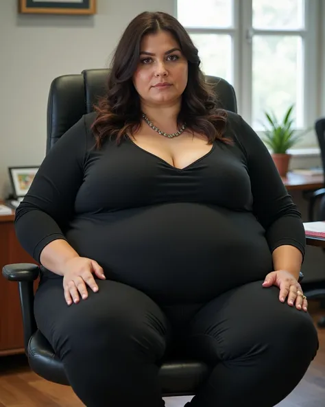 Beautiful plus-size model wearing tight office clothing, young woman, white woman, elegant dark brown hair, beautiful dark brown hair, sitting in office chair, office setting, too fat for chair, too fat to stand up, hyper obesity, morbidly obese, morbidly ...