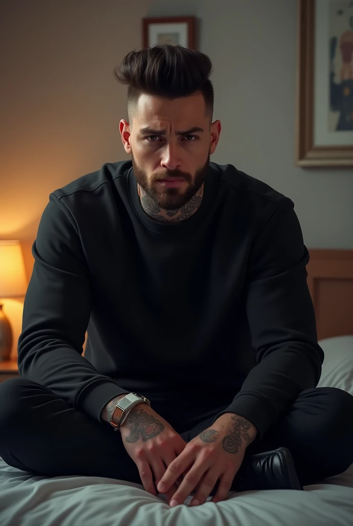  Create a 3D illustration featuring a handsome and realistic 34-year-old man ,  height 1.97,short black pompadour hair ,  brown eyes, trimmed beard,  muscular, with tattoos, wearing black sweatshirt and black sweatpants busy sitting on the bed sad and cryi...