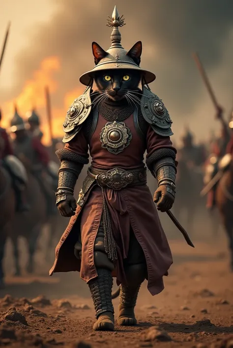 A SOBER SIAMESE CAT IN A BOYUTTHAYA WARRIOR SUIT, LEATHER ARMOR DECORATED WITH A METAL PLATE IN THE SHAPE OF A LOTUS FLOWER, AN IRON HAT WITH THE SYMBOL OF RUTHA, THE BACKDROP OF A BATTLE WITH A FLOATING FIRE SMOKE, THE LIGHTING REFLECTS THE SHADOW OF A CA...