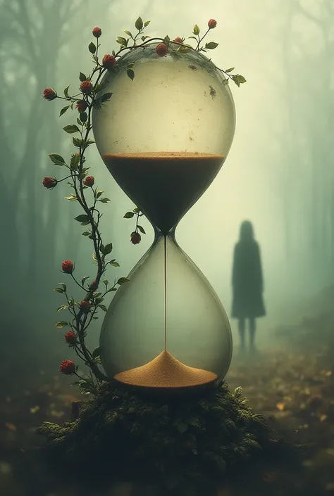  A sand clock with a haze case ,  a silhouette going far away ,  the Watch wrapped with roses in soft and emotional tones