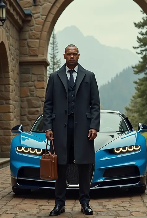 Samp is a Russian character standing near the cool Mansion on Mount VineWood, stands in front of Bugatti Chiron's car, the character has a case in his hands, the text Termoss is written in the background of the character