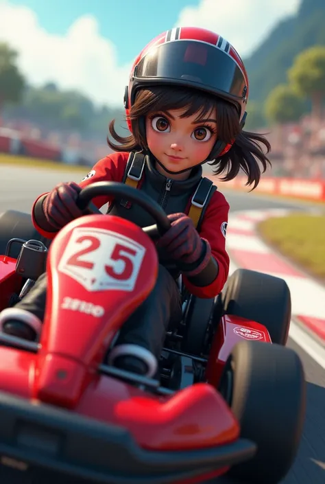 An animated teenager in a karting suit , concentrée au volant d’un kart rouge et noir.  We see her negotiating a sharp turn on a track