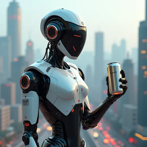 an AI robot with urban style and holds a can of drink while watching it 